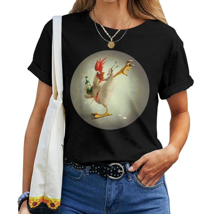 Kung Fu Rooster Fighting Chicken Funny Drinking Chicken  Women T-shirt Short Sleeve Graphic
