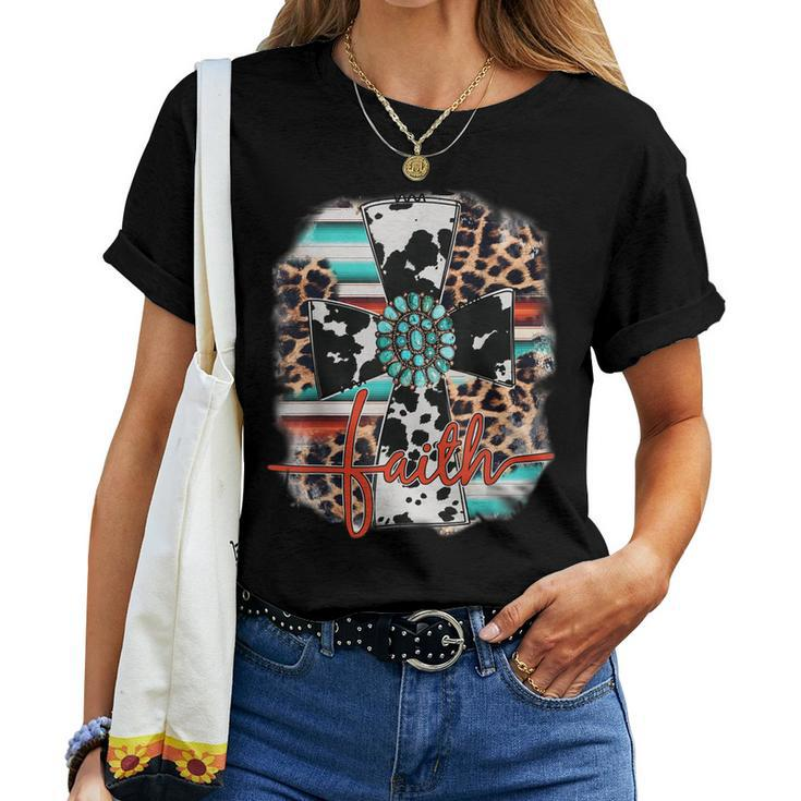 Leopard Serape Turquoise Leopard Western Faith Cross Cowgirl Women T-shirt