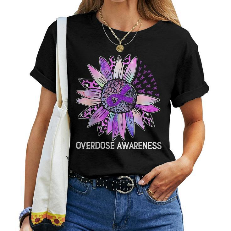 Leopard Sunflower Overdose Awareness Month Purple Ribbon Women T-shirt