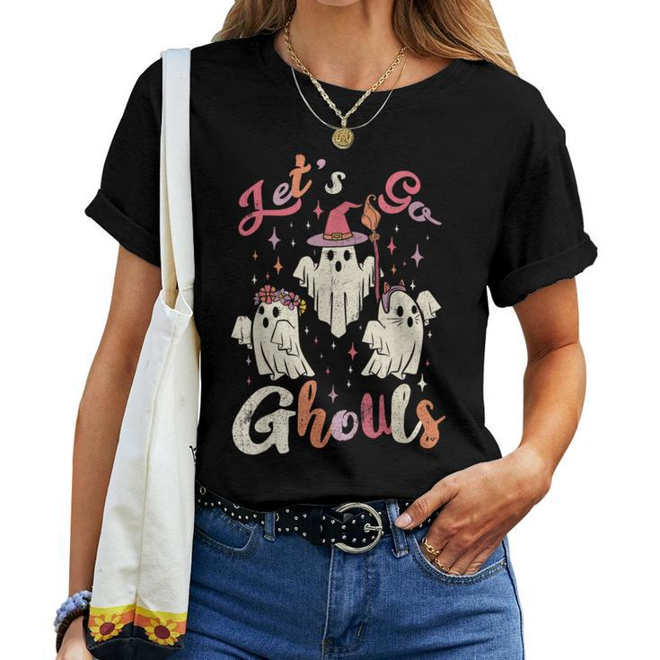 Let's Go Ghouls Retro Groovy Ghost Cute Halloween Costume Women T-shirt