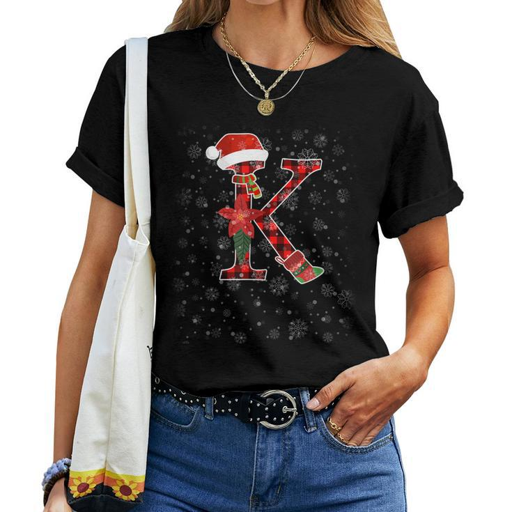Letter K Red Plaid Buffalo Santa Hat Xmas Floral Women T-shirt