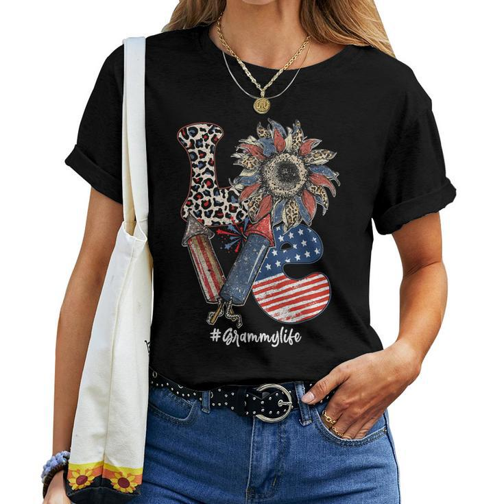 Love Sunflower Grammy Life Usa Flag Patriotic 4Th Of July Women T-shirt
