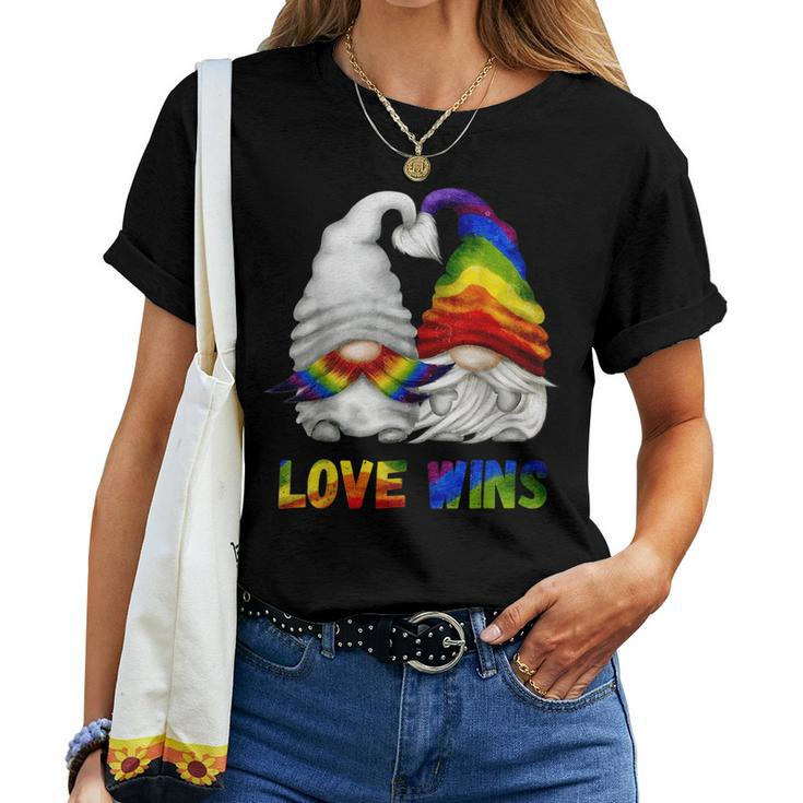 Love Wins - Cute Lgbtq Rainbow Gnomes For Proud Gay Couple Women T-shirt