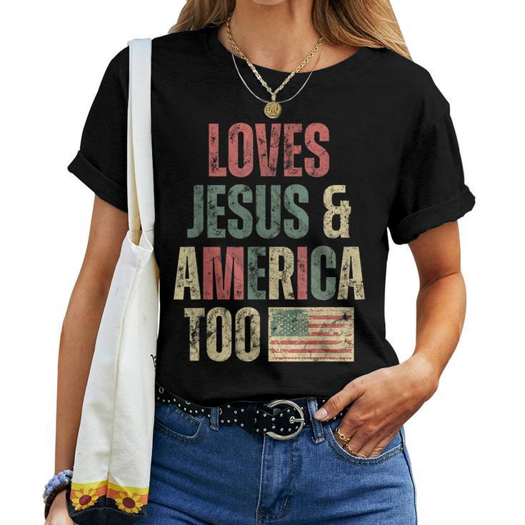 Loves Jesus And American Too Retro Patriotic Patriotic Women T-shirt Crewneck