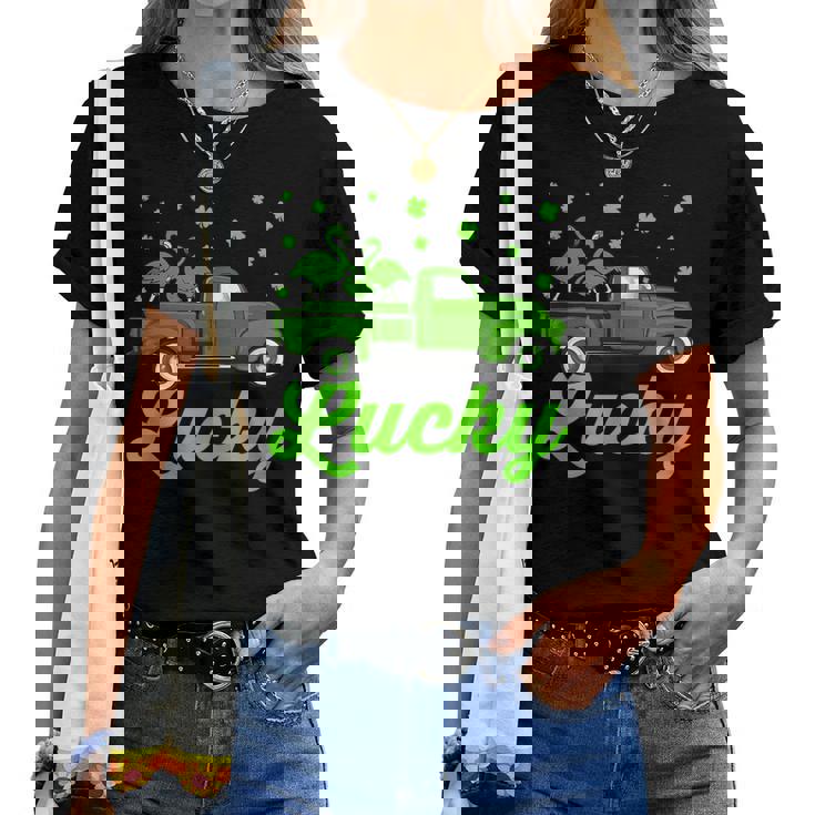 Lucky Flamingo Riding Green Truck Flamingo St Patricks Day Women T-shirt