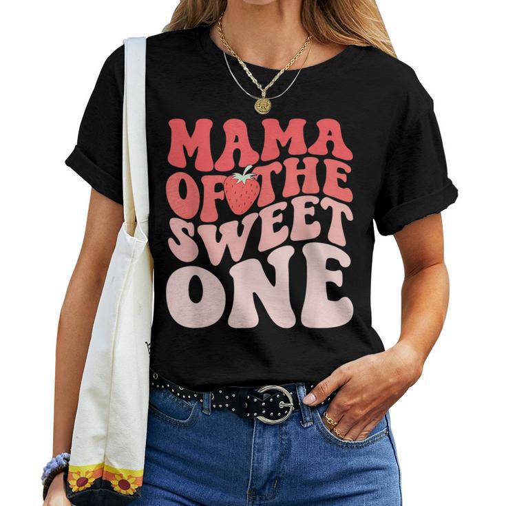 Mama Of The Berry Sweet One Strawberry Groovy Retro Birthday  Women T-shirt Short Sleeve Graphic