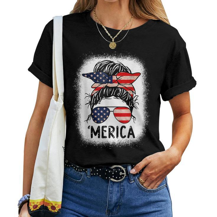 Merica 4Th Of July Women Girls Mom American Flag Us Bleached  Women T-shirt Crewneck Short Sleeve Graphic