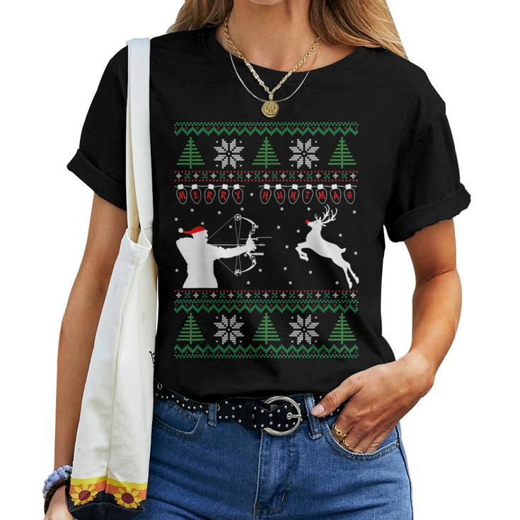 Merry Huntmas Deer Hunting Christmas Ugly Sweater Style Women T-shirt