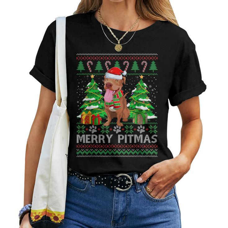 Merry Pitmas Santa Pitbull Dog Xmas Ugly Christmas Sweater Women T-shirt