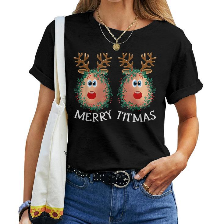 Merry Titmas Reindeer Boobs Naughty Ugly Christmas Sweater Women T-shirt
