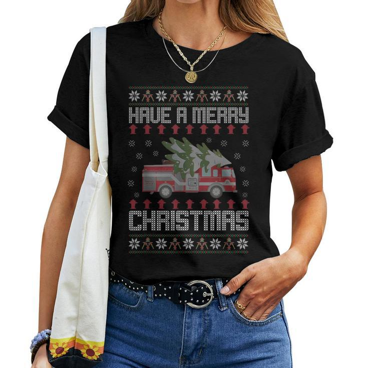 Merry Xmas Ugly Christmas Sweater Fireman Firefighter Women T-shirt