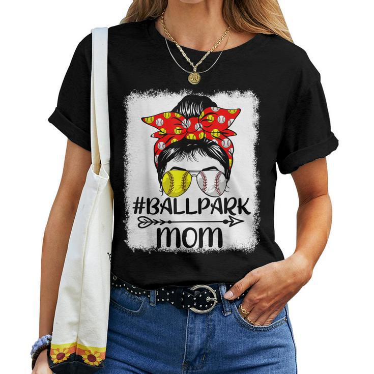 Messy Bun Hair Ballpark Mom Softball Baseball Women T-shirt