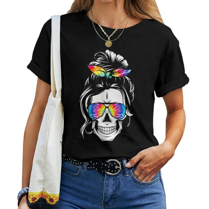 Messy Bun Skull Tie Dye Print Bandana For Mom Women T-shirt