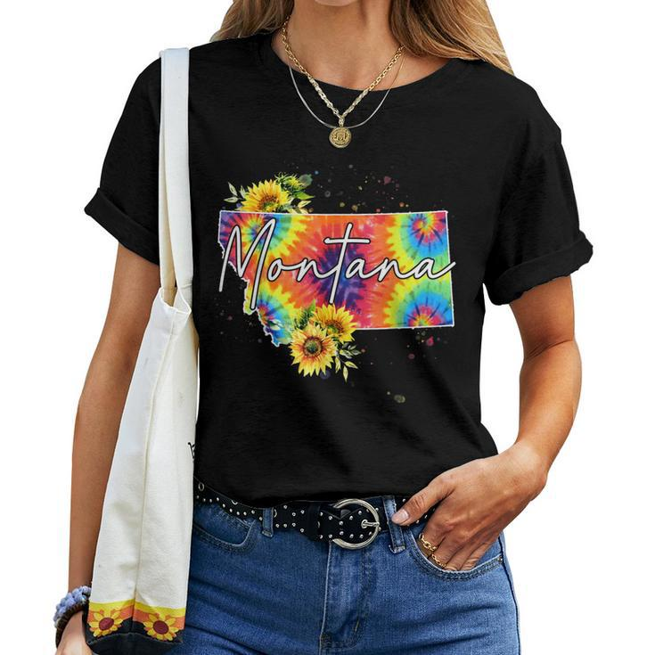 Montana Sunflower Tie Dye State Map Women T-shirt