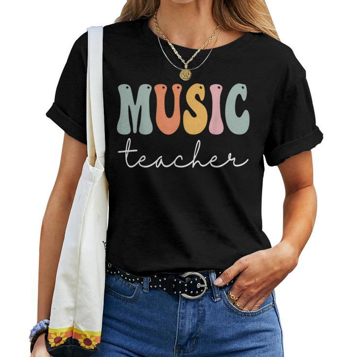 Music Teacher Retro Groovy Vintage Happy First Day Of School  Women T-shirt Short Sleeve Graphic