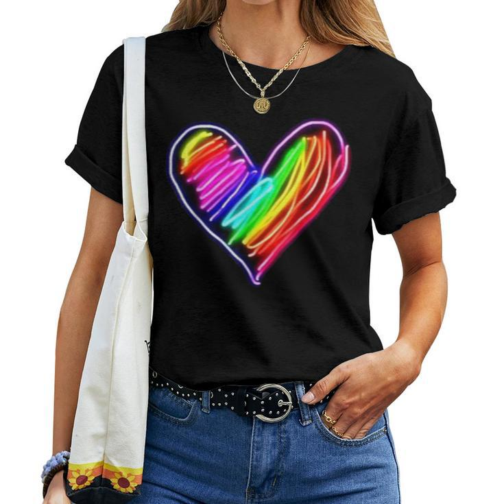 Neon Rainbow Heart Love Pride Lgbqt Rally Women T-shirt