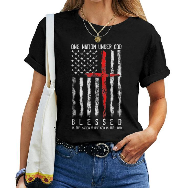Patriotic Christian Blessed One Nation Under God 4Th Of July  Women T-shirt Crewneck Short Sleeve Graphic