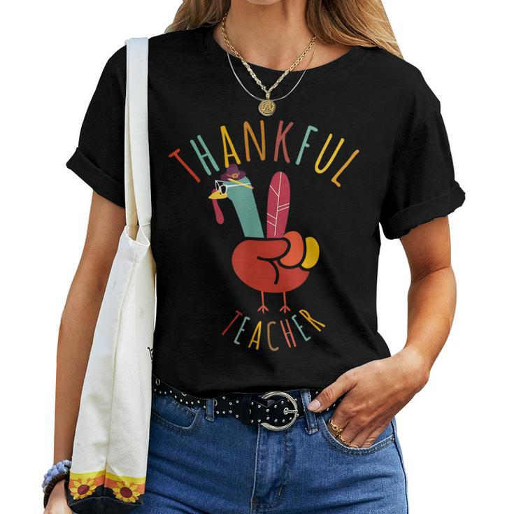 Peace Hand Sign Turkey Thankful Teacher Thanksgiving Women T-shirt