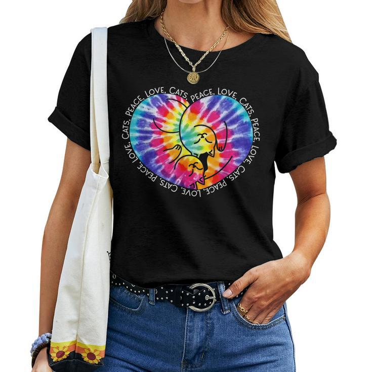 Peace Love Cats Tie Dye Heart Kitty Hippie Groovy Retro Women T-shirt
