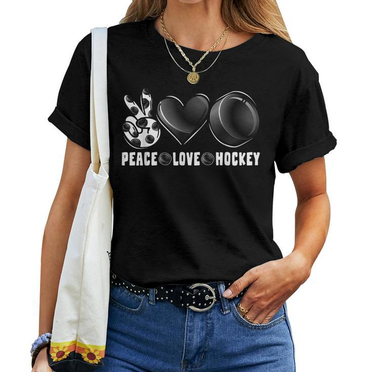Peace Love Hockey Funny Mommy Dad Boys Girls Son Daughter Women T-shirt