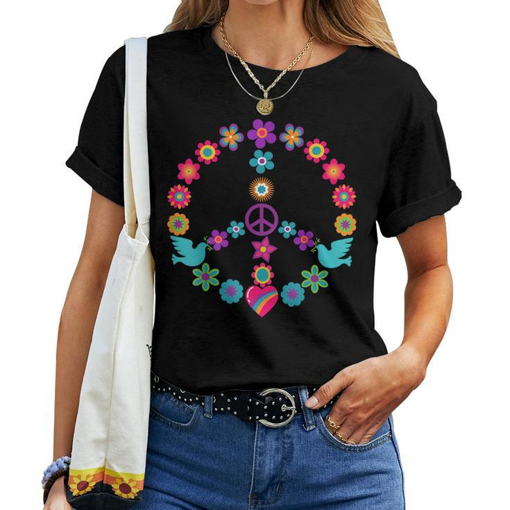 Peace Sign Floral 60S 70S Flower Power Dove Hippie Women T-shirt