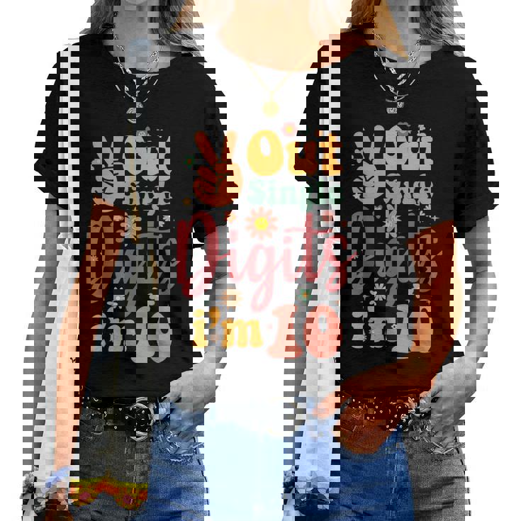 Peace Out Single Digits Im 10 Sign Birthday Sunflower Groovy Women T-shirt