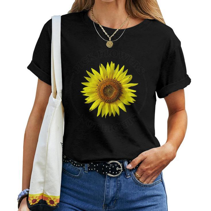 Pick Flowers Not Fights Sunflower Hippie Peace Aesthetic Women T-shirt