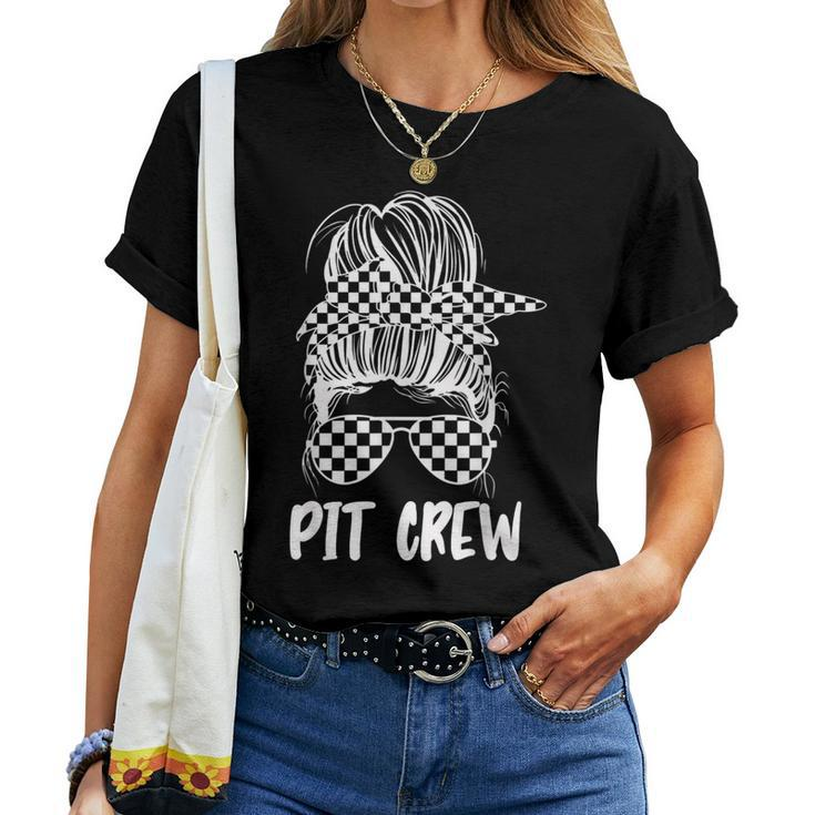 Pit Crew Messy Bun Race Track Flag Car Racing Womens Racing Women T-shirt