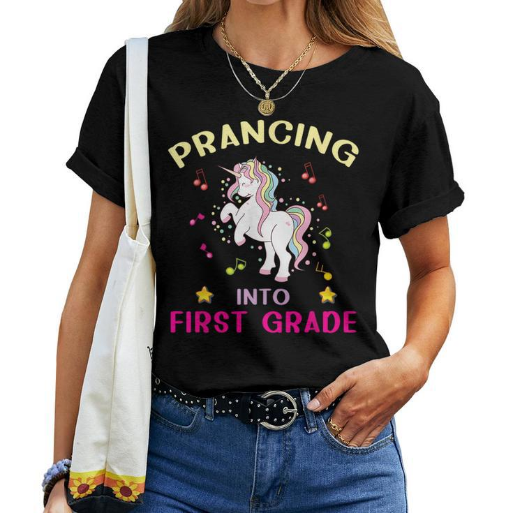 Prancing Into First Grade Unicorn Back To School  Women T-shirt Short Sleeve Graphic