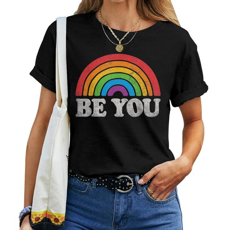 Be You Pride Lgbtq Gay Lgbt Ally Rainbow Flag Retro Galaxy Women T-shirt