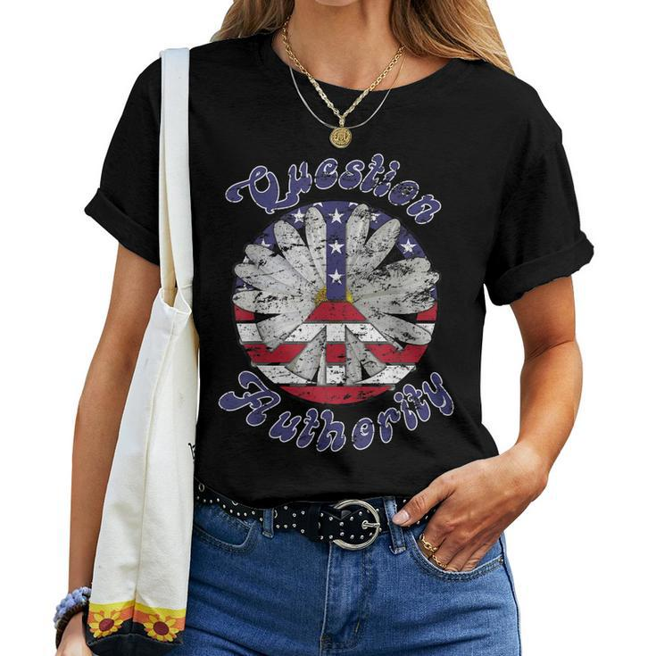 Question Authority Peace Sign & Daisy 60S 70S Hippie Boho Women T-shirt