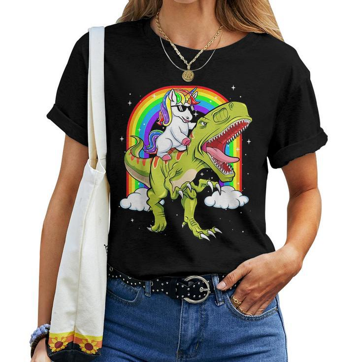 Rainbow Unicorn Riding T Rex - Dinosaur Boys Girls Men Women Women T-shirt