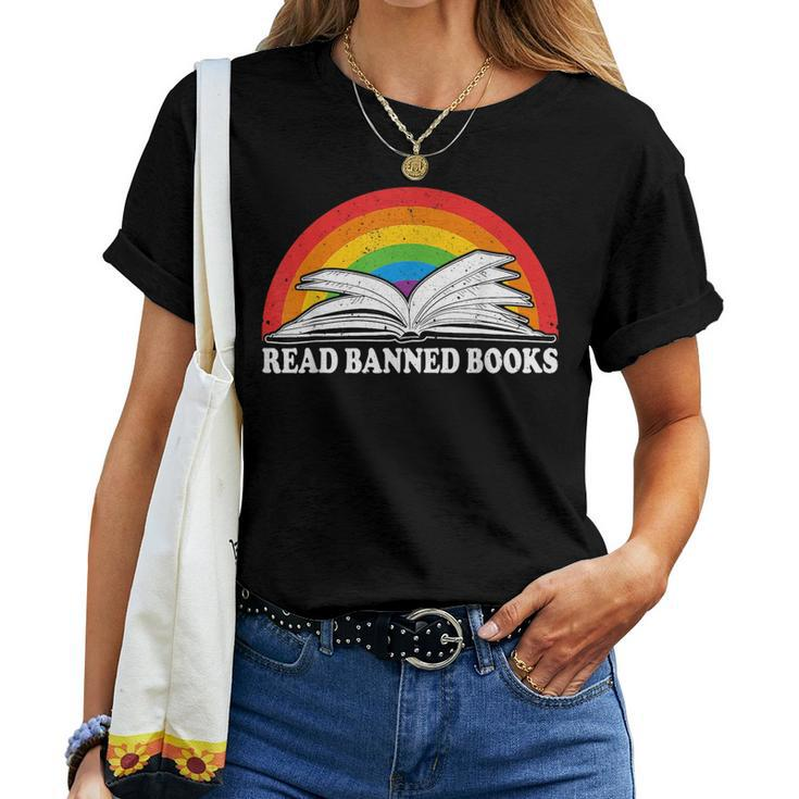 Read Banned Books Vintage Rainbow Reading Book Reading s Women T-shirt