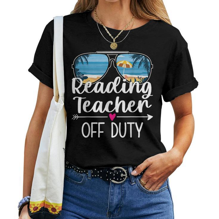 Reading Teacher Off Duty Sunglasses Palm Tree Beach Sunset  Women Crewneck Short T-shirt
