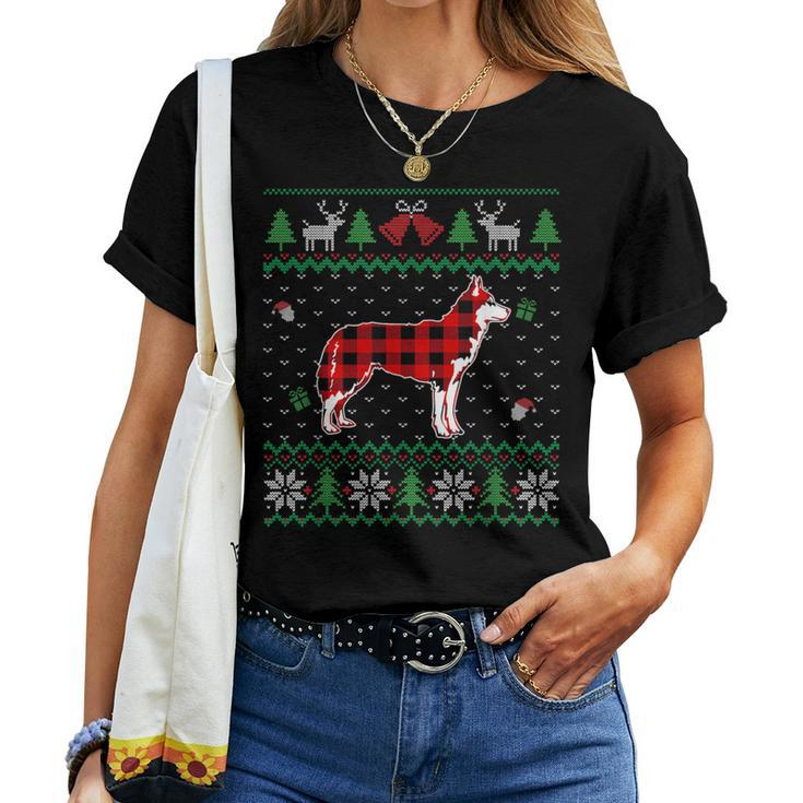 Red Plaid Siberian Husky Dog Ugly Christmas Sweater Women T-shirt