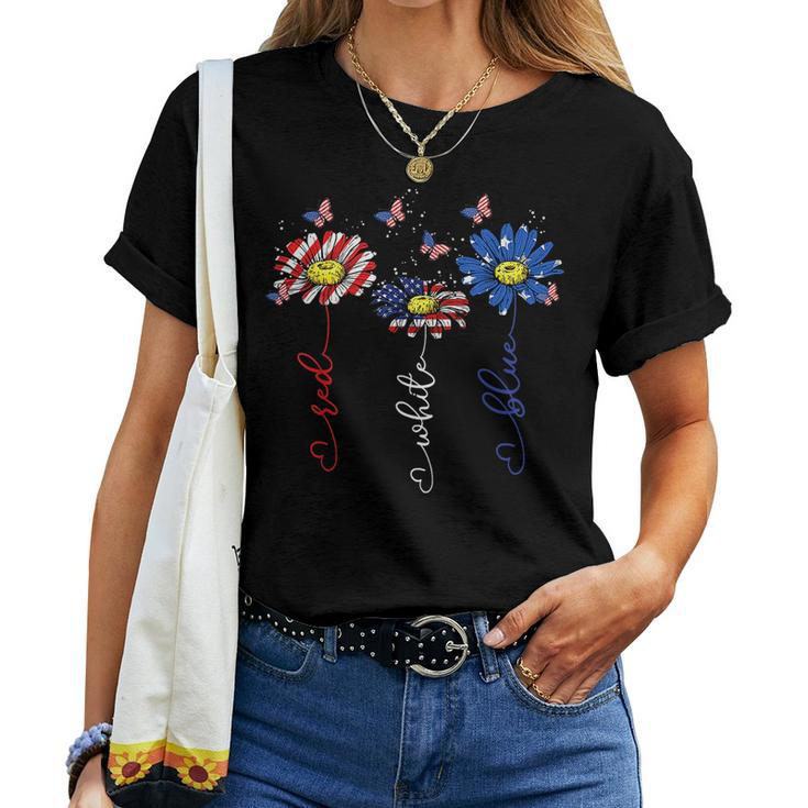 Red White Blue Daisy Butterfly Usa Flag 4Th Of July Women T-shirt