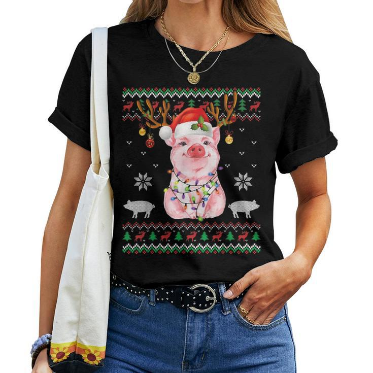 Reindeer Pigs Santa Hat Christmas Ugly Sweater Xmas Women T-shirt