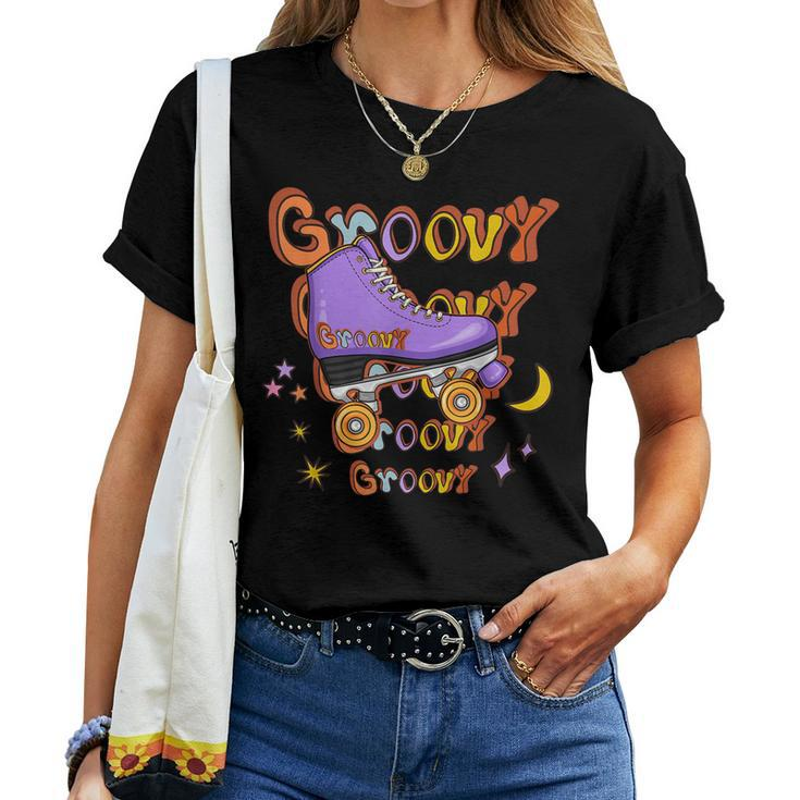 Retro 70S 80S Groovy Hippie Colorful Roller Skates Outfit Women T-shirt Casual Daily Basic Unisex Tee