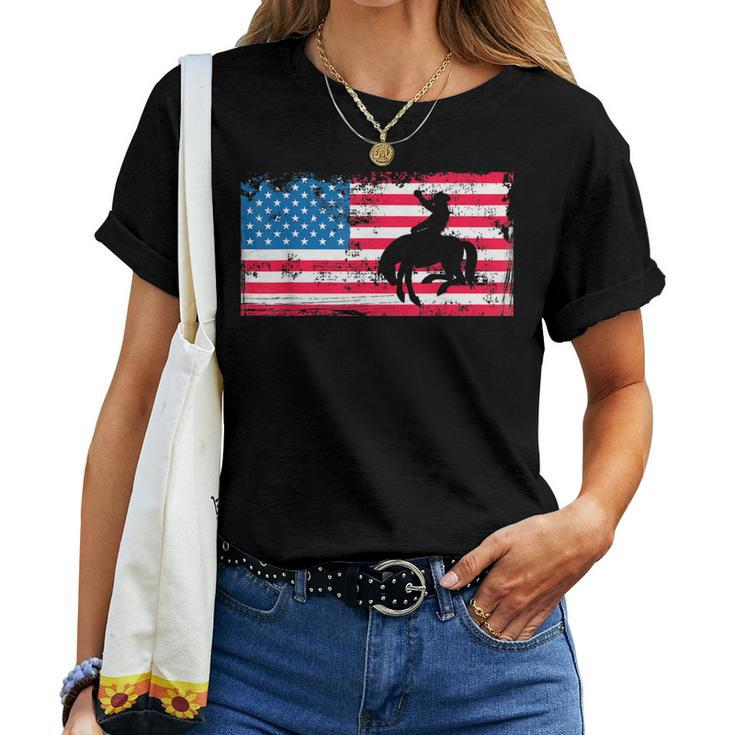 Retro American Flag Rodeo Bronc Horse Riding Cowboy Cowgirl Women T-shirt