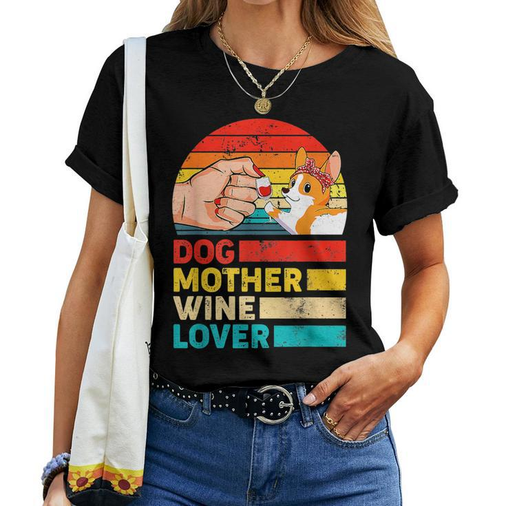 Retro Dog Mother Wine Lover Corgis Dog Women T-shirt