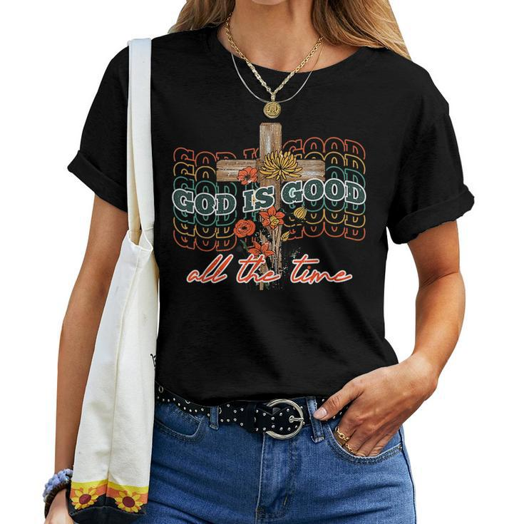 Retro God Is Good All Time Cross Flower Boho Faith Christian Faith Women T-shirt Crewneck