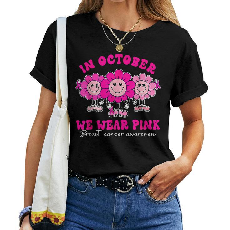 Retro Groovy In October We Wear Pink Breast Cancer Awareness Women T-shirt