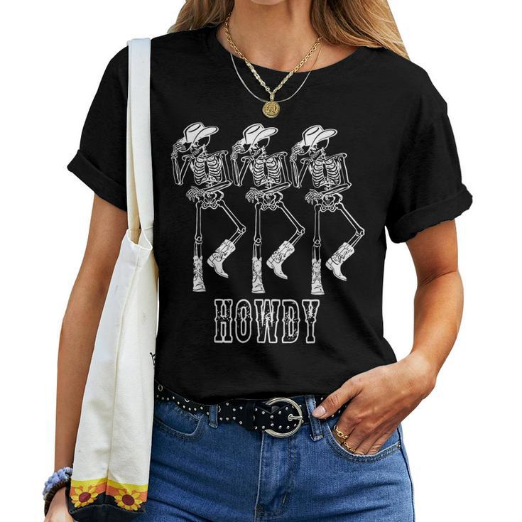 Retro Howdy Skeleton Cowgirl Dancing Cowboy Boots Horse Women T-shirt