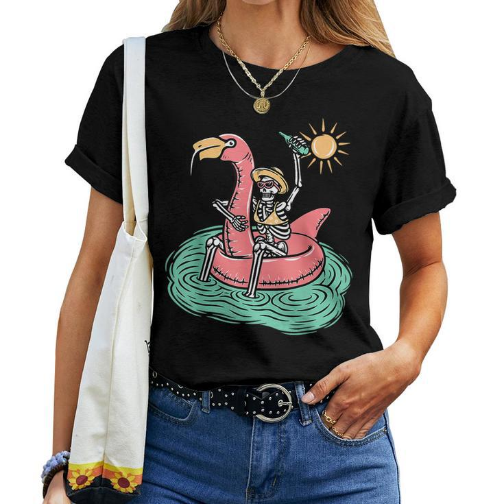 Retro Summer Skeleton Flamingo Float Vacation Beach Drink Women T-shirt