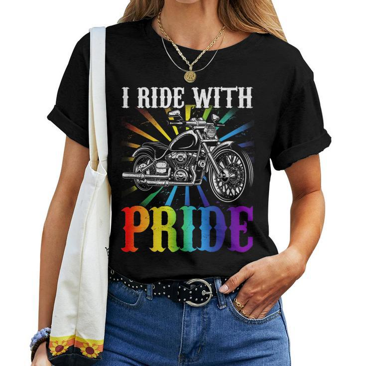 I Ride With Pride Gay Biker Rainbow Motorcycle Lover Queer Women T-shirt
