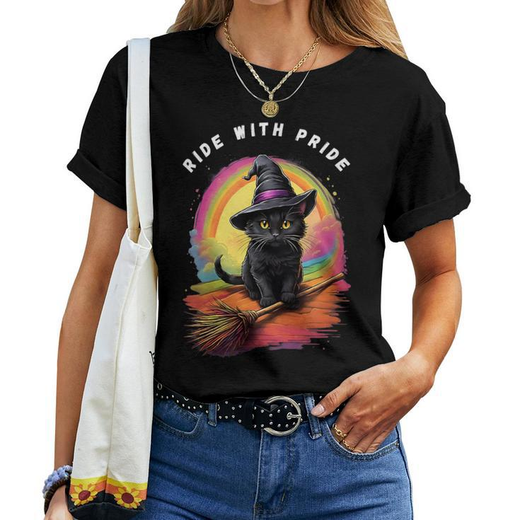 Ride With Pride Queer Witchy Lgbt Rainbow Cat Meme Halloween Women T-shirt