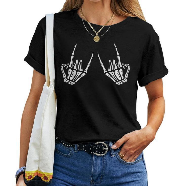 Rocker Skeleton Rock Hand On Skater Halloween For Women T-shirt