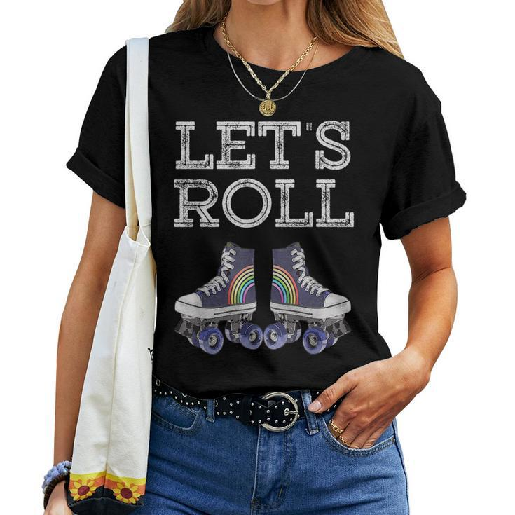 Lets Roll Rollerblade Skates Retro Sport Rainbow Fun Women T-shirt