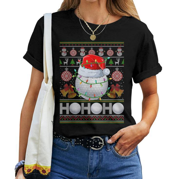 Santa Claus Golf Ball Xmas Tree Light Ugly Christmas Sweater Women T-shirt