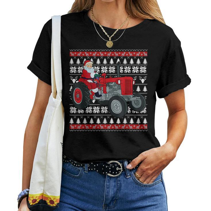 Santa Claus Riding Tractor Farmers Ugly Christmas Sweater Women T-shirt